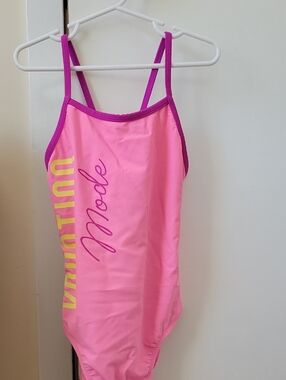 Pink One-Piece Swimsuit with Purple Trim and Yellow Script